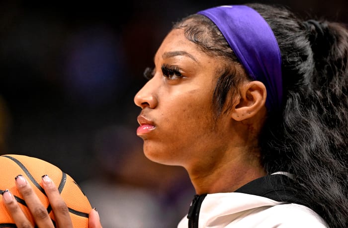 LSU’s Angel Reese warms up ahead of the NCAA women’s national championship game against Iowa.